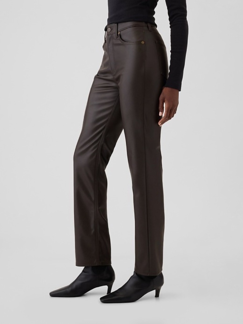 Brown Vegan Leather Straight Leg High Waist Pants - 28”